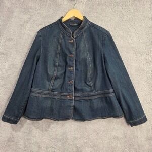 a.n.a Women's 1X Denim Jacket Dark Wash Cotton Spandex Mandarin Collar Peplum XL